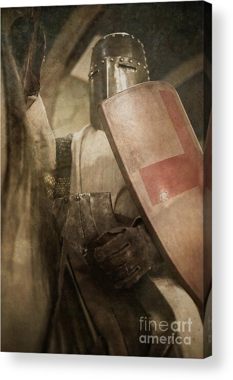 Templar; Knight; Crusader; Crusade; Horseback; Suit. Armour; Shield; Helmet; Rider; Medevil; Medieval; Ghost; King; Royalty; War; Warrior; Historic; Textured; Cross; Chainmale; Chain; Chainale; European; Hall; Manor House Acrylic Print featuring the photograph A knight to remember by Edward Fielding