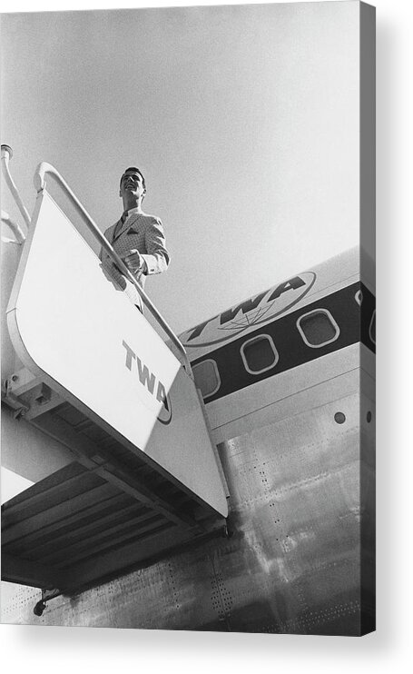 Fashion Acrylic Print featuring the photograph A Male Model Disembarking A Twa Boeing 707 Plane by Leonard Nones