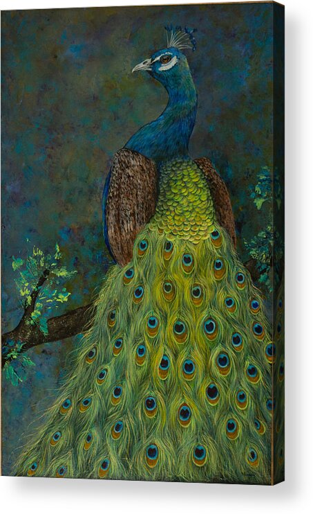 Peacock Acrylic Print featuring the painting A Tail to Remember by Nancy Lauby