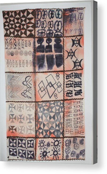 African Adinkra Tribal Cloth With Spiritual Symbols Acrylic Print featuring the mixed media Adinkra Cloth with Bells by Carrie Maurer
