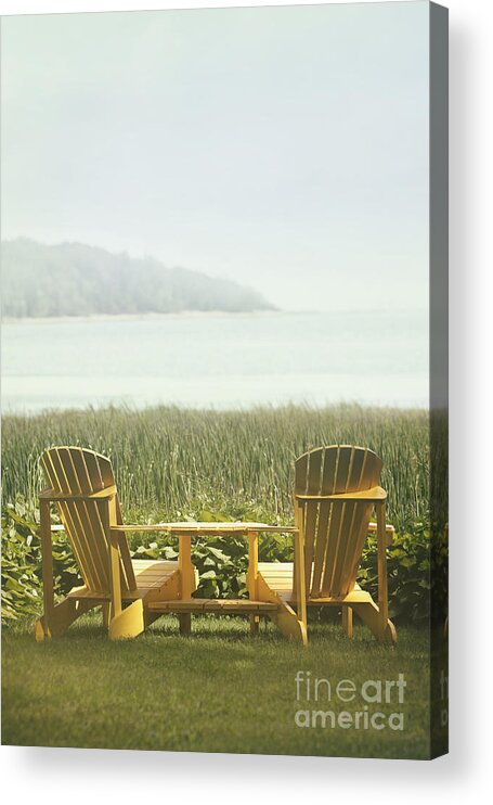 Arcangel Acrylic Print featuring the photograph Adirondack chairs on the grass by the lake by Sandra Cunningham