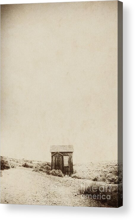 Structure; Wood; Wooden; Country; Countryside; Desert; Deserted; Worn; Abandoned; Boards; Ruins; Grasses; Hills; House; Home; Small; Sepia; Rural; Vast; Open; Dirt; Road; Door; Window; Single; Sky; Vintage; Antique Acrylic Print featuring the photograph Almost Obsolete by Margie Hurwich