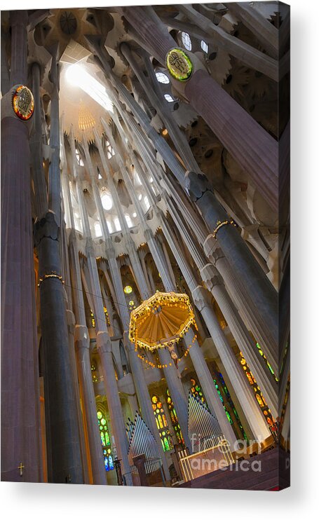 Barcelona Acrylic Print featuring the photograph altar and pillars in La Sagrada Familia Cathedral Barcelona by Peter Noyce