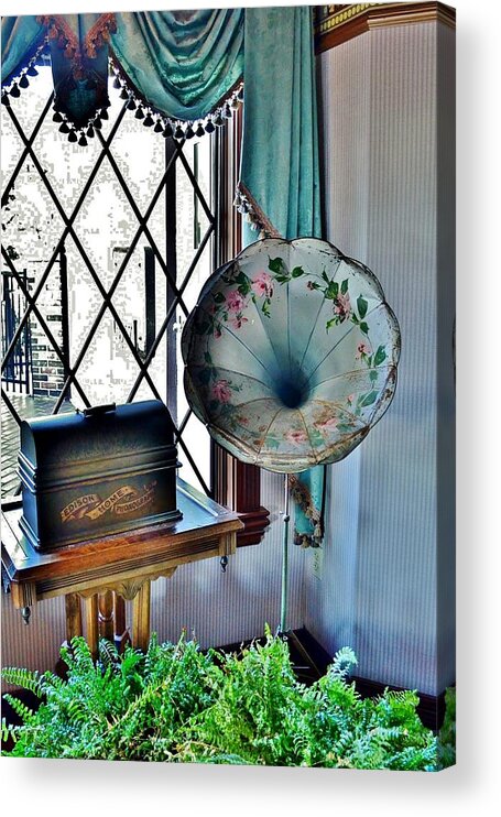 Antique Acrylic Print featuring the photograph Antique Edison Phonograph in the Boardwalk Plaza Lobby - Rehoboth Beach Delaware by Kim Bemis
