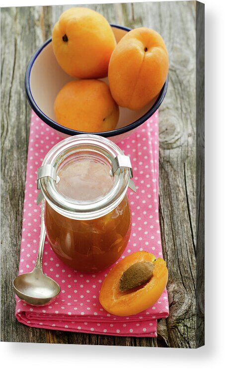 Spoon Acrylic Print featuring the photograph Apricot Jam With Bowl Of Apricots On by Westend61
