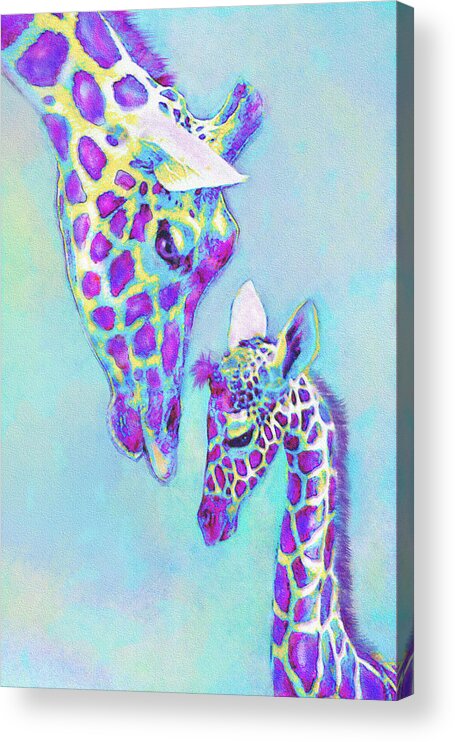 Jane Schnetlage Acrylic Print featuring the digital art Aqua And Purple Loving Giraffes by Jane Schnetlage