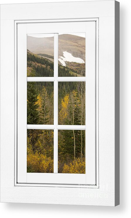 Windows Acrylic Print featuring the photograph Autumn Rocky Mountain Glacier View Through a White Window Frame by James BO Insogna