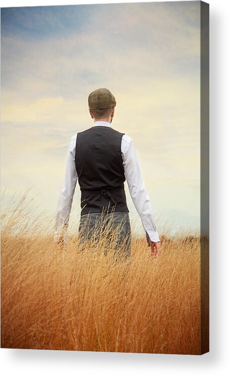 Mature Adult Acrylic Print featuring the photograph Back of Man Standing in Tall Grass by Vesna Armstrong