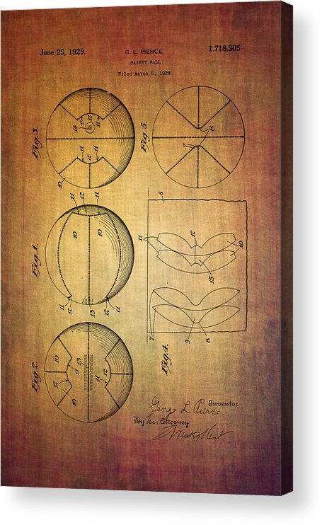 Patent Acrylic Print featuring the digital art Basket ball patent from 1929 by Eti Reid