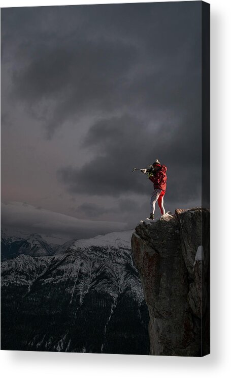 People Acrylic Print featuring the photograph Biathelete Aims Firearm On Snowy by Ascent Xmedia