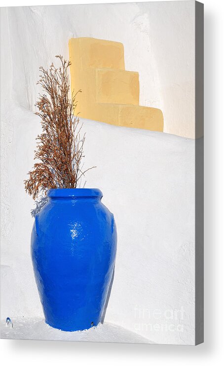 Santorini Acrylic Print featuring the photograph Blue pot in Oia town #2 by George Atsametakis