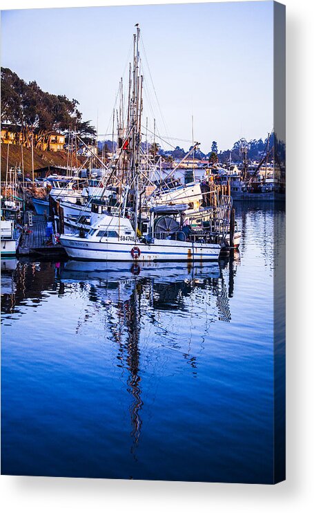 Boat Mast Reflection Acrylic Print featuring the photograph Boat Mast Reflection in Blue Ocean at Dock Morro Bay Marina Fine Art Photography Print by Jerry Cowart