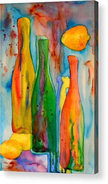 Bottle Acrylic Print featuring the painting Bottles And Lemons by Beverley Harper Tinsley