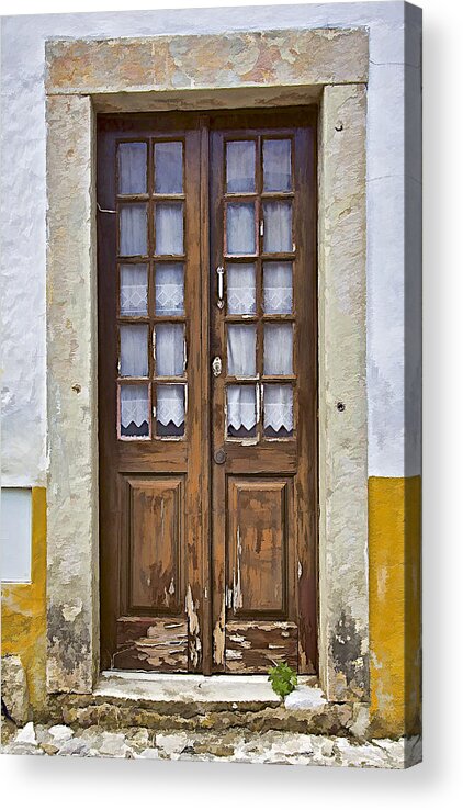 Brown Acrylic Print featuring the photograph Brown Wood Door with Lace Curtains by David Letts