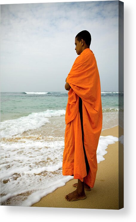 Young Men Acrylic Print featuring the photograph Buddhist Monk Sri Lanka Beach by Laughingmango