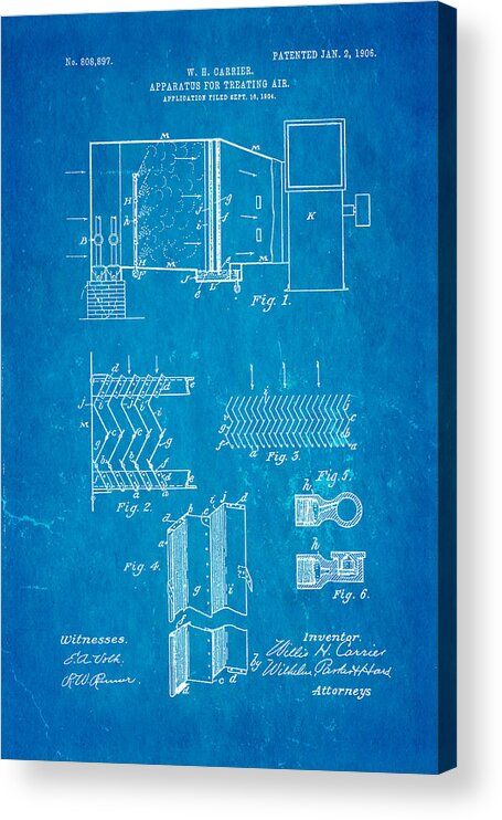 Engineer Acrylic Print featuring the photograph Carrier Air Conditioning Patent Art 1906 Blueprint by Ian Monk
