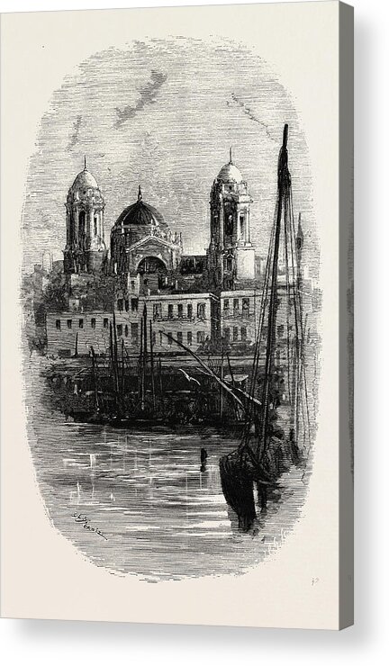 Architecture Acrylic Print featuring the drawing Cathedral Of Cadiz, From The Harbour by Spanish School