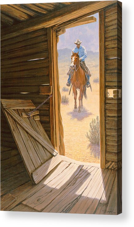 Cowboy Acrylic Print featuring the painting Checking the Line Cabin by Paul Krapf