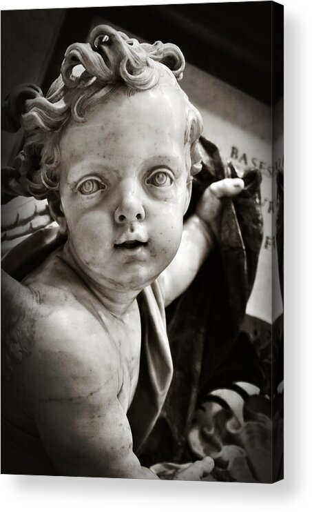 Angel Images Black And White Angels Saint Peter's Basilica Rome Images Cherubs Portraits Curly Haired Cherubs Images Acrylic Print featuring the photograph Cherub in St. Peter's by Angela Bonilla