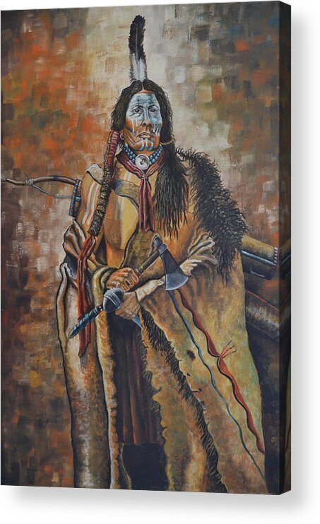A Cheyenne Warrior With Axe And Battle Weapon's Wearing A Deer Skin. The Warrior Has His War Paint On His Face And Arms. Acrylic Print featuring the painting Cheyenne Warrior by Martin Schmidt