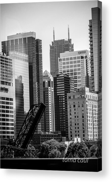 Chicago Acrylic Print featuring the photograph Chi Town Sun Times BW by Toma Caul