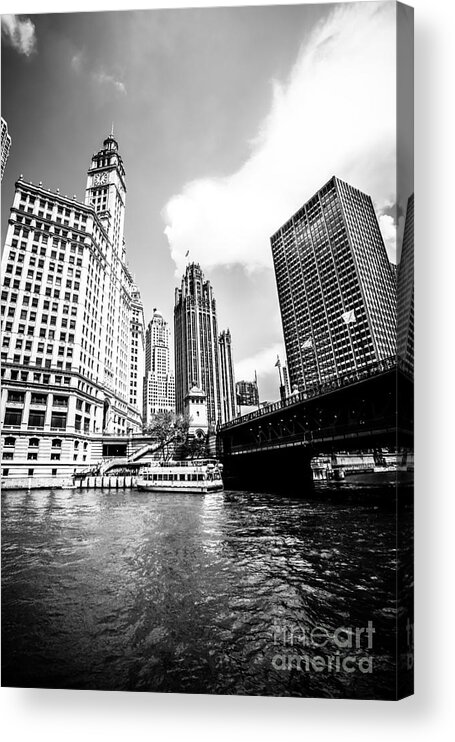 America Acrylic Print featuring the photograph Chicago Wrigley Tribune Equitable Buildings Black and White Phot by Paul Velgos