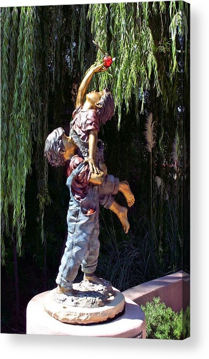 Sculpture Acrylic Print featuring the photograph Children and Apple Sculpture by Jane Girardot