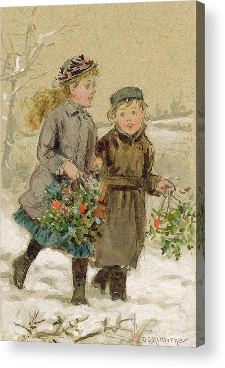 Girls; Young; Winter; Christmas; Bunches; Picking; Gathering; Victorian Acrylic Print featuring the painting Children Playing in the Snow by George Kilburne