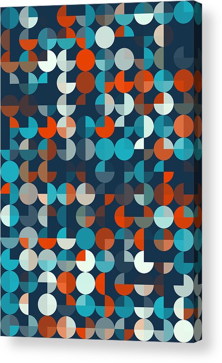 Abstract; Spotted; Design; Clip Art; Digitally Generated Image; Pattern; Background; Vector; No People; Illustration And Painting; Simplicity; Color Image; Computer Graphic; Circle; Round; Geometric; Geometric Shape; Decoration; Wallpaper Pattern; Shape; Geometric Pattern; Dark; Cold; Retro; Vintage; Red; Blue; White; Vertical; Pie; Black Background Acrylic Print featuring the digital art Coast Geometric Circle Pie Vertical Pattern by Frank Ramspott