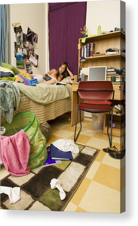 Three Quarter Length Acrylic Print featuring the photograph College Student Studying In Messy Dorm Room by Yellow Dog Productions