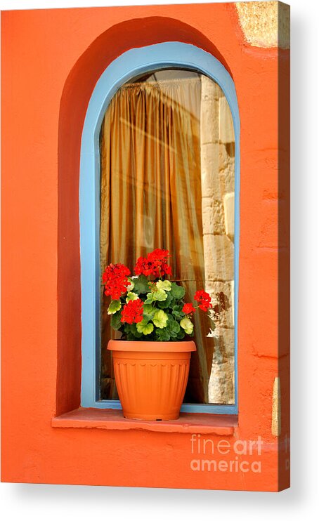 Chania; Hania; Crete; Kriti; Town; Old; City; Greece; Hellas; Greek; Hellenic; Islands; Window; Color; Colorful; Flowers; Pot; Tradition; Traditional; Holidays; Vacation; Travel; Trip; Voyage; Journey; Tourism; Touristic; Island; Summer; Red Acrylic Print featuring the photograph Colorful window by George Atsametakis