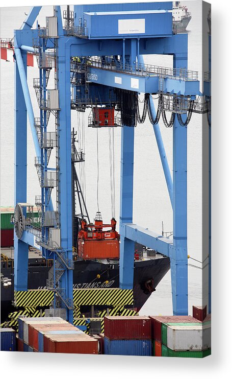 Container Acrylic Print featuring the photograph Container Crane Handling Cargo by Steve Allen/science Photo Library
