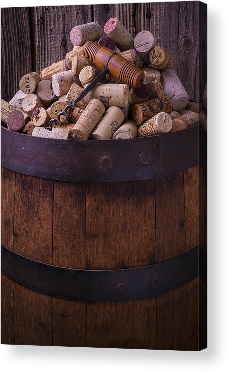 Corkscrew Acrylic Print featuring the photograph Corkscrew And Corks On Wine Barrel by Garry Gay