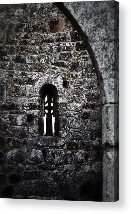 Religious Sites Acrylic Print featuring the photograph Crosses and Stone Walls at Clonmacnoise by Nadalyn Larsen
