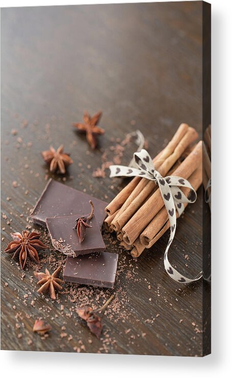 Large Group Of Objects Acrylic Print featuring the photograph Dark Chocolate And Cinnamon Sticks by Elin Enger
