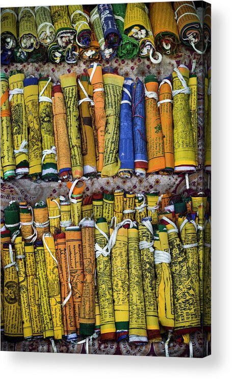 Large Group Of Objects Acrylic Print featuring the photograph Display Of Rolled-up Prayer Flags by Glen Allison