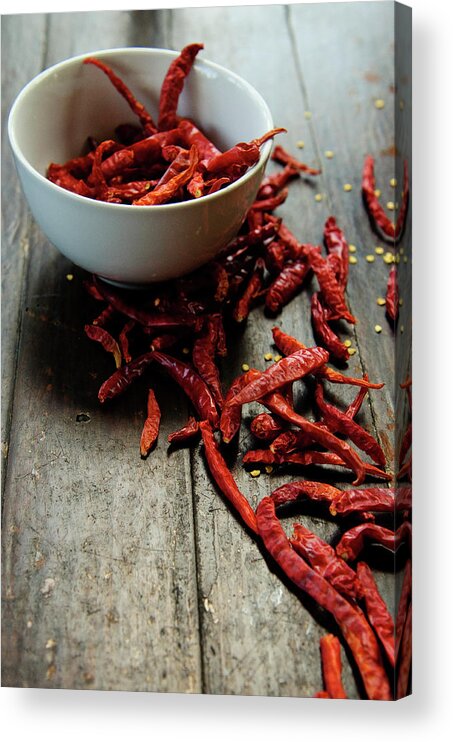 Wood Acrylic Print featuring the photograph Dried Chilies In White Bowl by Lina Aidukaite