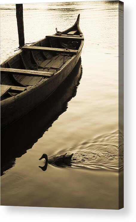 Sepia Acrylic Print featuring the photograph Duck and Boat by Sonny Marcyan