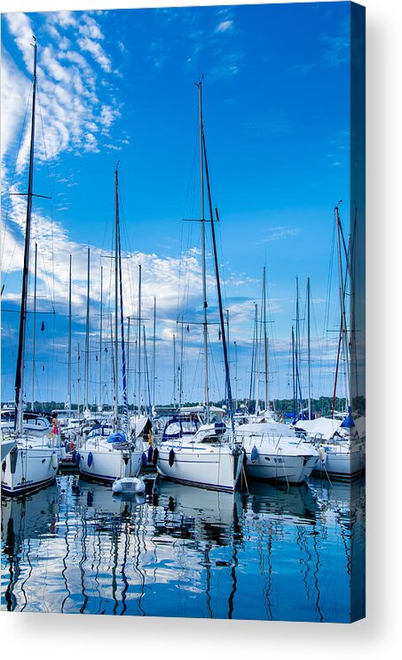 Boat Acrylic Print featuring the photograph Evening harbour with sailboats by Andreas Berthold