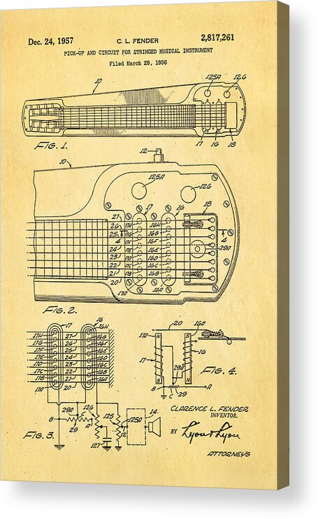 Famous Acrylic Print featuring the photograph Fender Pick-up Patent Art 1957 by Ian Monk