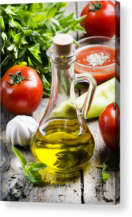 Oil Acrylic Print featuring the photograph Olive Oil and Food Ingredients by Jelena Jovanovic