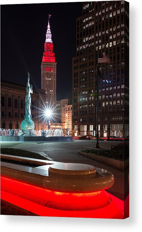 Cleveland Acrylic Print featuring the photograph Fountain and Terminal Tower in Red by Clint Buhler