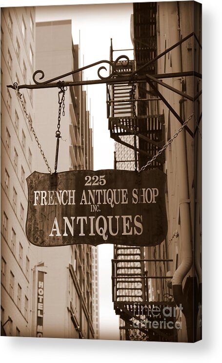 New Orleans Acrylic Print featuring the photograph French Antique Shop Sign - Sepia by Carol Groenen