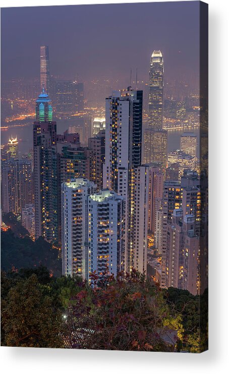 Chinese Culture Acrylic Print featuring the photograph Futuristic High Rise Cityscape Night by Fotovoyager