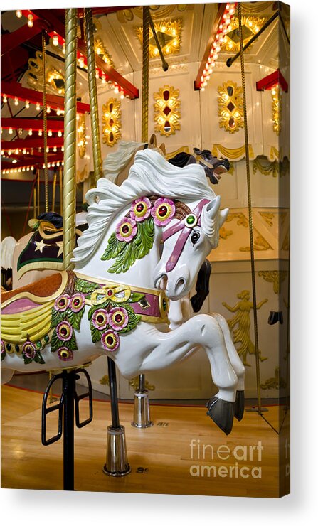 Vintage Carousel Acrylic Print featuring the photograph Galloping White Beauty - Vintage Carousel Horse by Maria Janicki