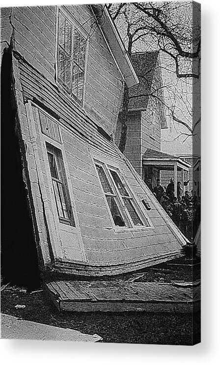 Gas Explosion Onlookers Aberdeen South Dakota 1966 Black And White Acrylic Print featuring the photograph Gas explosion onlookers Aberdeen South Dakota 1966 black and white by David Lee Guss