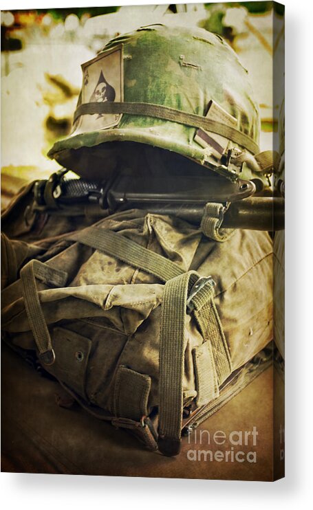 Uniform; Helmet; Backpack; Vietnam; Card; Skull; Playing Card; Gun; Camouflage; Green; Still Life; War; Military; Us Army; Army; Armed Forces; War; Gear; Matchbook; United States Acrylic Print featuring the photograph Gear by Margie Hurwich