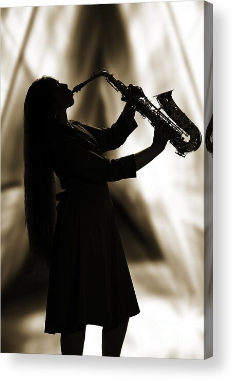 Saxophone Acrylic Print featuring the photograph Girl Musician Playing Saxophone in Silhouette Sepia 3353.01 by M K Miller