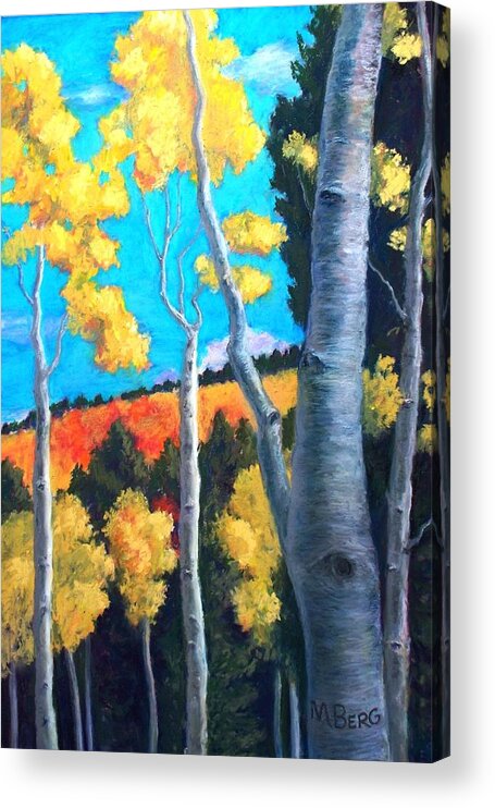 Plein Air Acrylic Print featuring the painting Golden Aspens Turquoise Sky by Marian Berg