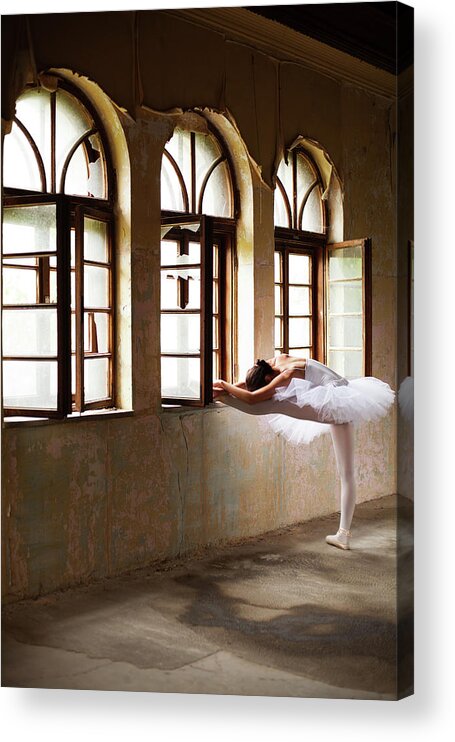 Ballet Dancer Acrylic Print featuring the photograph Graceful Ballerina Posing By The Window by Miljko